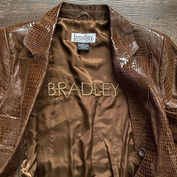 BRADLEY BAYOU brown leather coat shiny crocodile embossed Y2K Glam vintage sz L - Picture 9 of 14